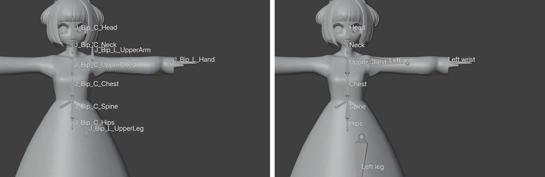 A VRoid avatar twice. On the left its bones are named J_Bip_C_Hips, J_Bip_C_Spine, J_Bip_L_UpperArm; on the right the same bones are Hips, Spine, Left arm.