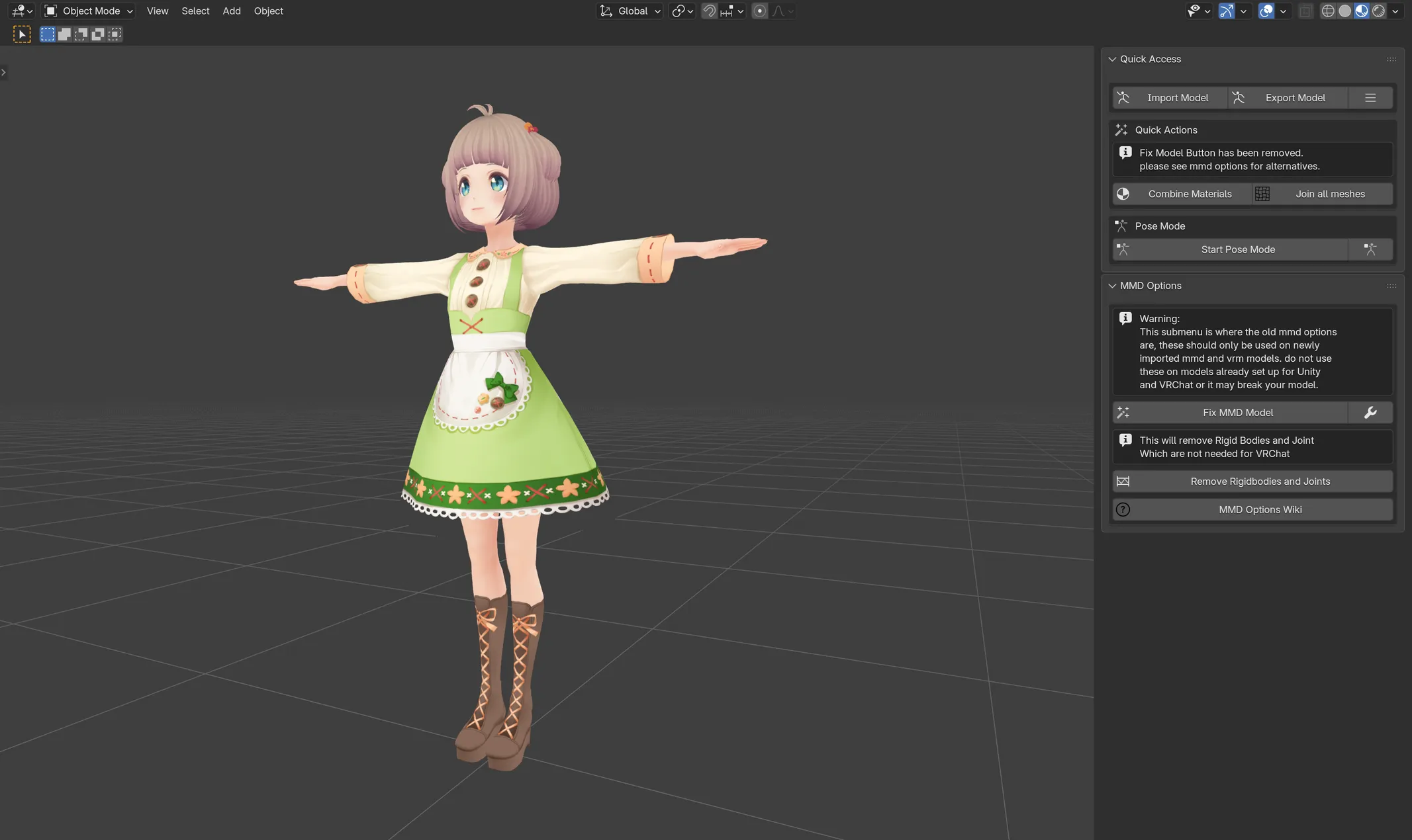 Blender 5.1 with a VRoid avatar in the viewport and the Quick Access and MMD Options panels open in the CATS tab.