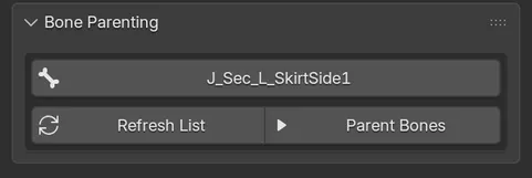 The Bone Parenting panel with a bone group J_Sec_L_SkirtSide1 selected, and Refresh List and Parent Bones buttons.