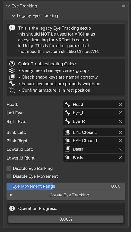 The Legacy Eye Tracking section in creation mode: Head, Left Eye and Right Eye bones, four blink and lower lid shape keys, the two Disable options, Eye Movement Range and Create Eye Tracking.