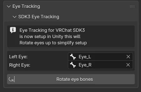 The SDK3 Eye Tracking section with Left Eye set to Eye_L, Right Eye set to Eye_R, and the Rotate eye bones button.