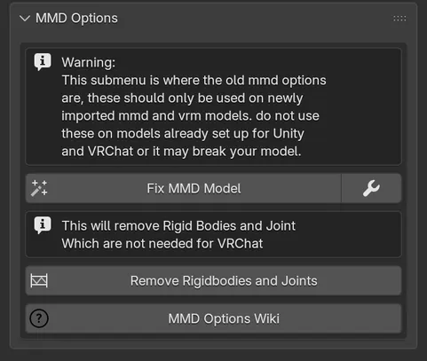 The MMD Options panel: a warning box, the Fix MMD Model button with its settings button, and the Remove Rigidbodies and Joints button.
