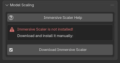 The Model Scaling panel with an Immersive Scaler Help button, the message Immersive Scaler is not installed, and a Download Immersive Scaler button.