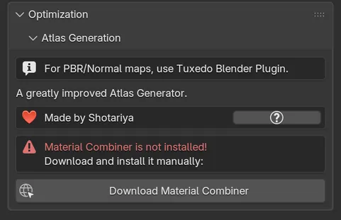 The Atlas Generation section with the message Material Combiner is not installed and a Download Material Combiner button.
