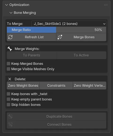 The Bone Merging section: To Merge list showing J_Sec_SkirtSide1 (2 bones), Merge Ratio at 50%, Merge Weights, Delete and Duplicate Bones buttons.