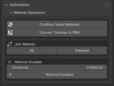 The Material Operations section: Combine Same Materials, Convert Textures to PNG, Join Meshes All and Selected, and Remove Doubles with its threshold.