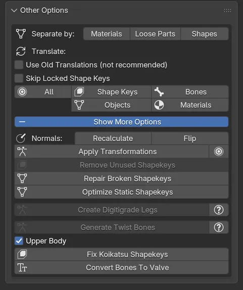 The Other Options panel with Show More Options turned on: Separate by, Translate, Normals, shape key and bone tools.