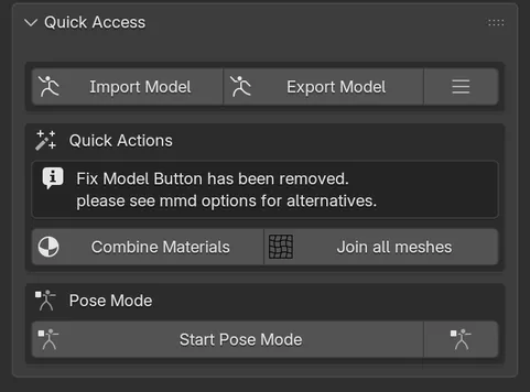 The Quick Access panel: Import Model and Export Model buttons, the Quick Actions box with Combine Materials and Join all meshes, and the Pose Mode box.