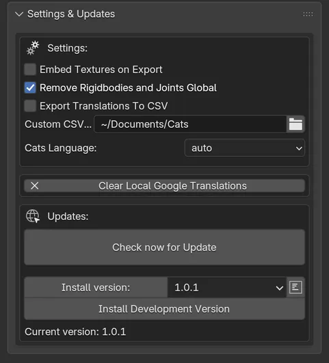 The Settings & Updates panel: settings checkboxes, the CSV folder, Cats Language, Clear Local Google Translations, and the updater with Check now for Update and Install version.