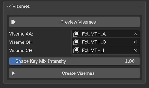 The Visemes panel with Viseme AA, OH and CH set to Fcl_MTH_A, Fcl_MTH_O and Fcl_MTH_I, Shape Key Mix Intensity at 1.00 and the Create Visemes button.